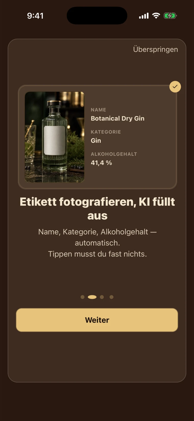 BarShelf-Flaschenetikettenscan mit aufgenommenem Etikettenfoto und Vorschau der zu speichernden Flasche