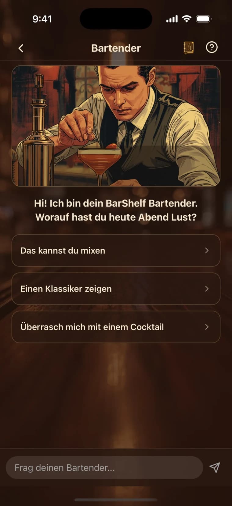 BarShelf AI Bartender Bildschirm mit Cocktail-Empfehlung