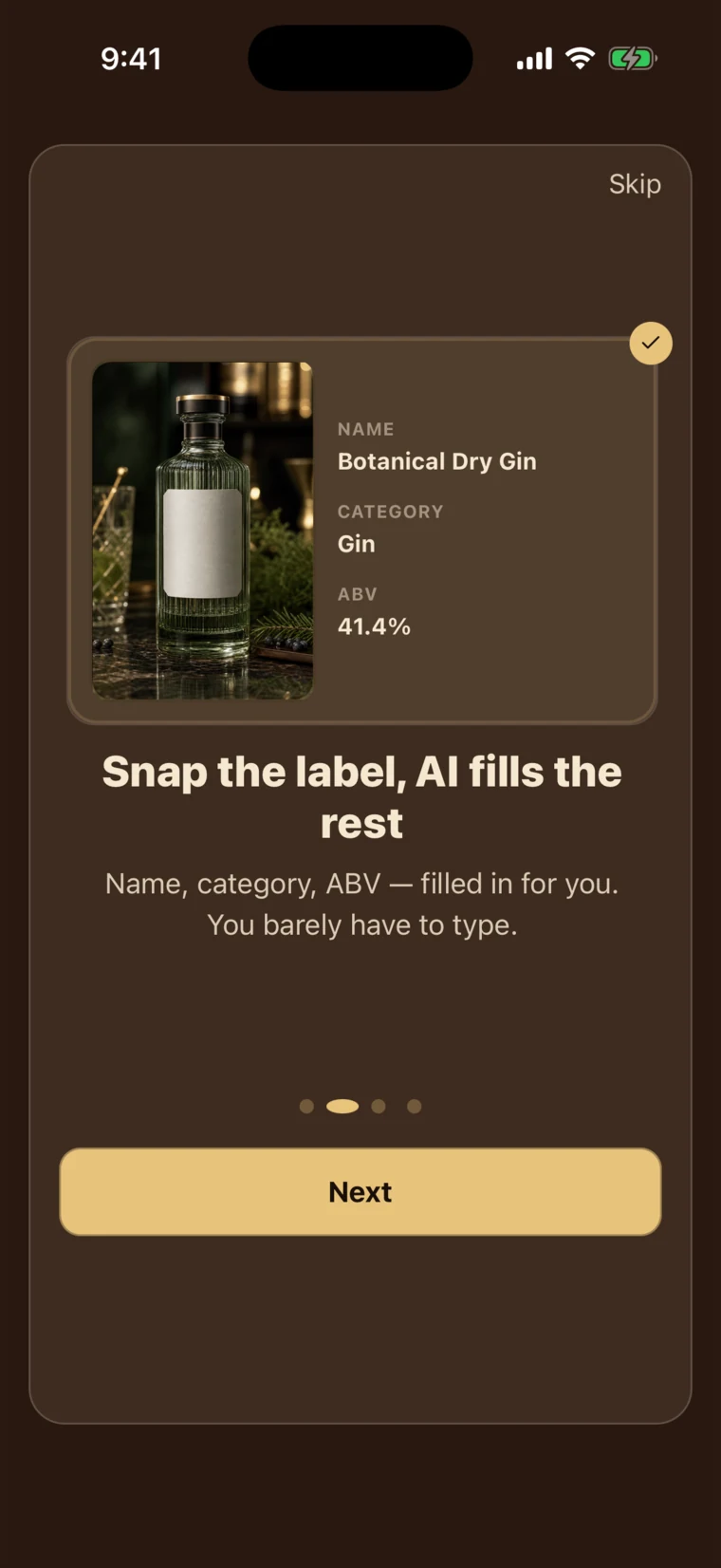 BarShelf bottle label scan with the captured label photo and saved bottle preview