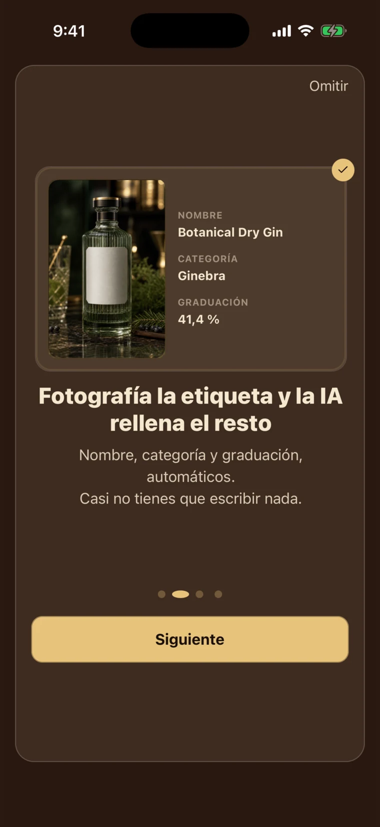 Escaneo de etiqueta en BarShelf con la foto capturada y la vista previa de la botella que se guardará