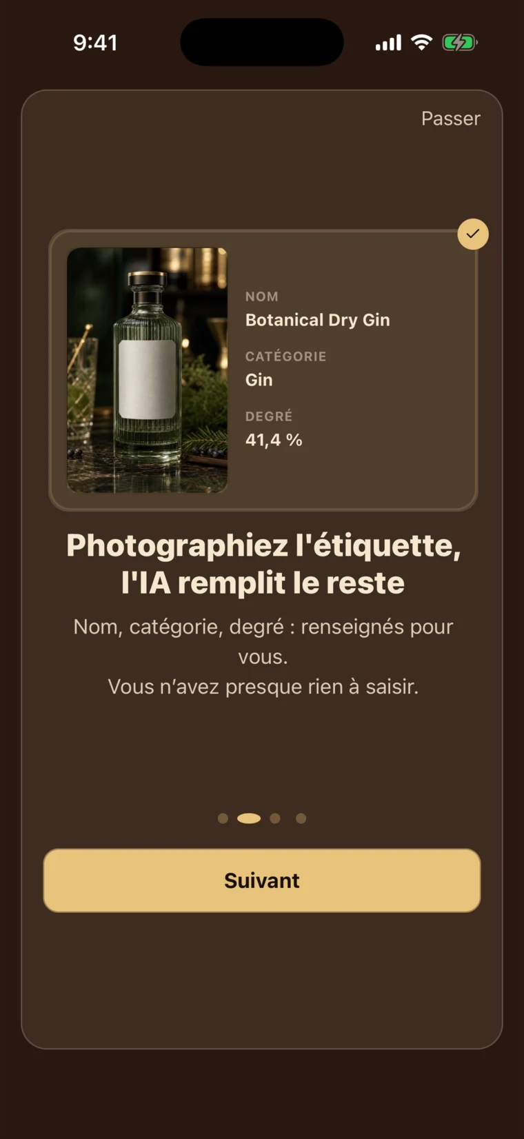 Scan d’étiquette BarShelf avec la photo capturée et l’aperçu de la bouteille à enregistrer