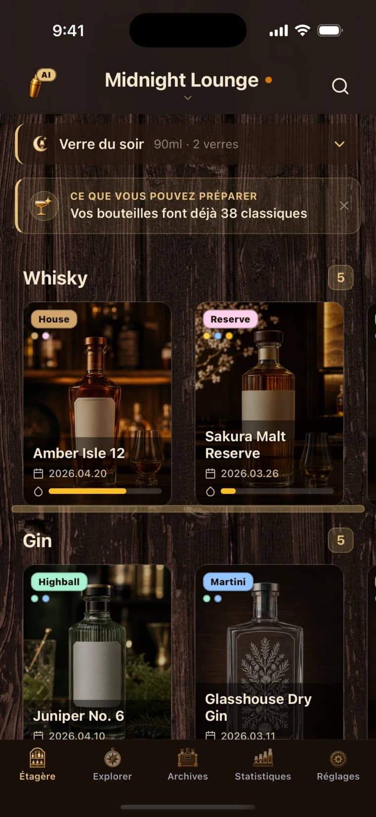 BarShelf home screen with a whiskey collection