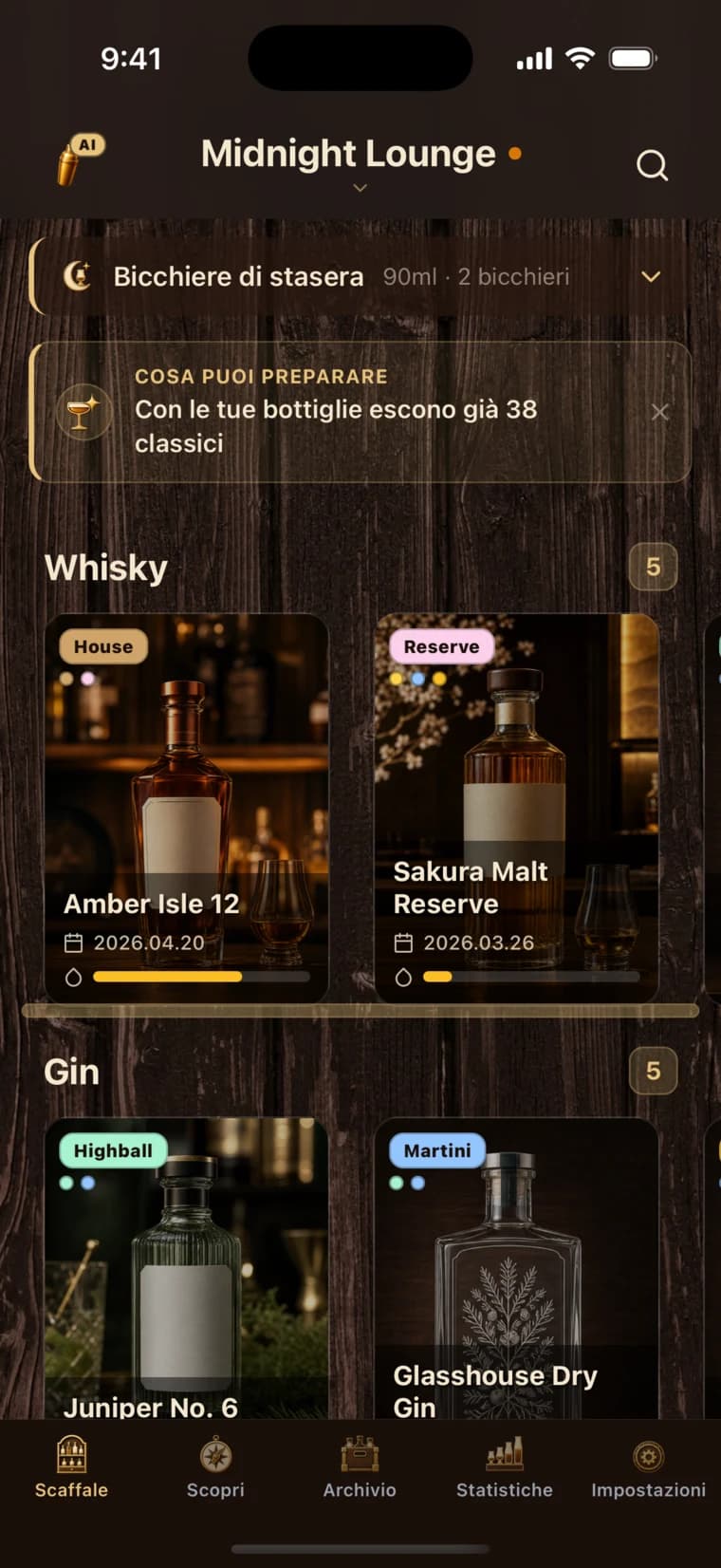 BarShelf home screen with a whiskey collection